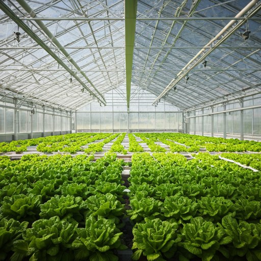 Interior de un invernadero acuapónico con cultivo de lechugas