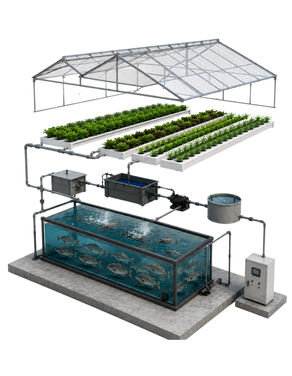 Sistema acuapónico Bofish: invernadero, camas de cultivo y tanques de peces