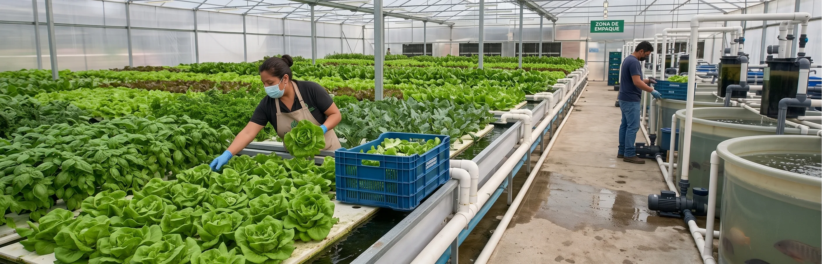 Personal de Bofish cosechando lechuga y albahaca en un invernadero acuapónico, con los tanques de peces al fondo